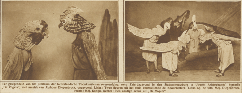 870252 Collage van 2 foto's betreffende de uitvoering van 'De Vogels' van Aristophanes, met muziek van Alphons ...